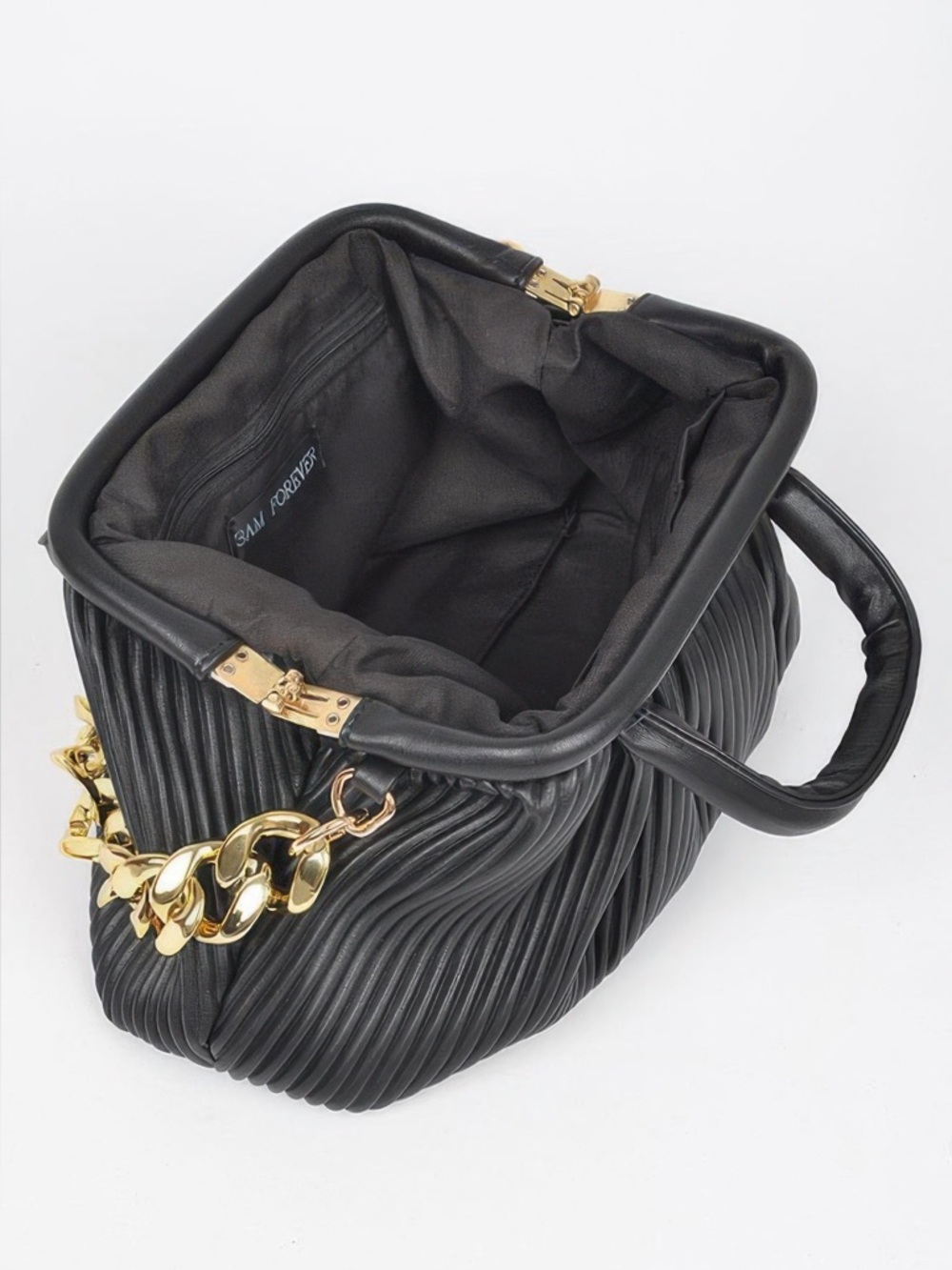 Pleated Faux Leather Top Handle Bag - Picture 3 of 5